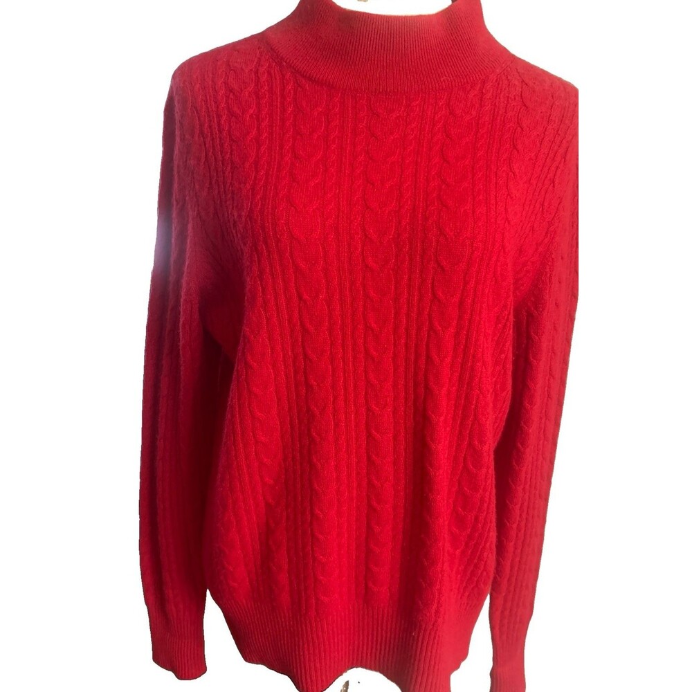 VTG Katherine Kelly L  100% Cashmere Red Cable Knit Mock  Classic Sweater HKG